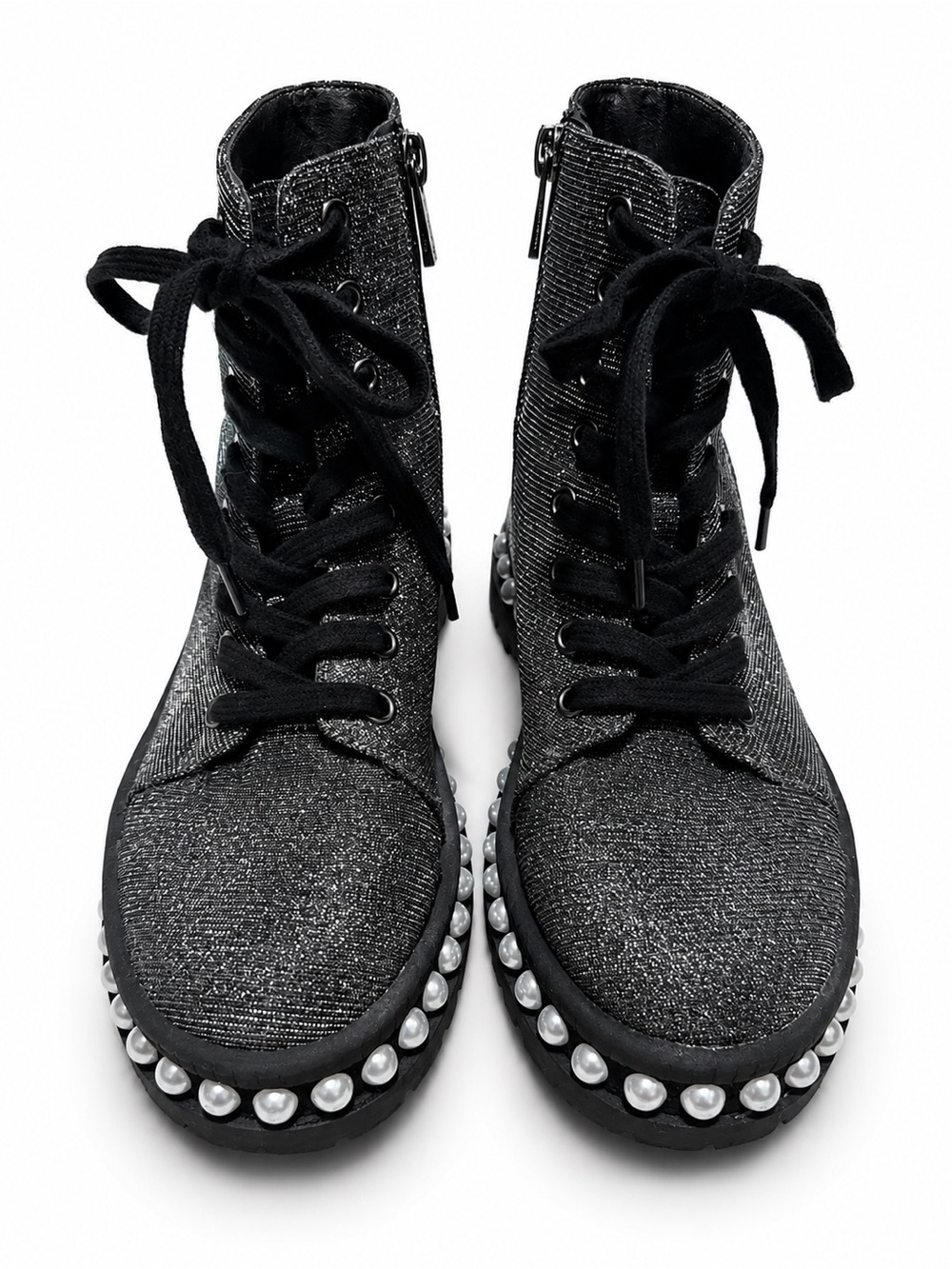 Jessica Simpson - Glitter Pearl-Trim Lace-Up Combat Boots - Black 6 1/2 Womens